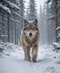 Fototapeta premium Lone wolf trekking through deep snow, winter forest backdrop, natural habitat, fur, snowy