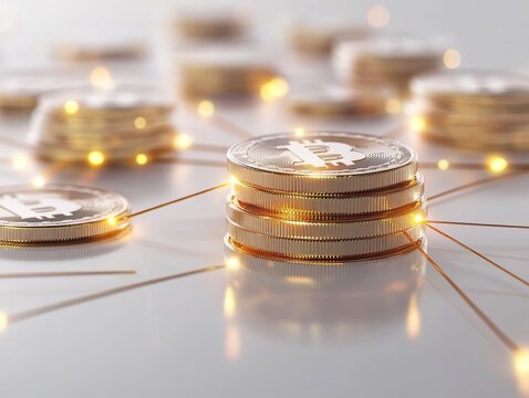 Stacked bitcoin coins with glowing blockchain network
