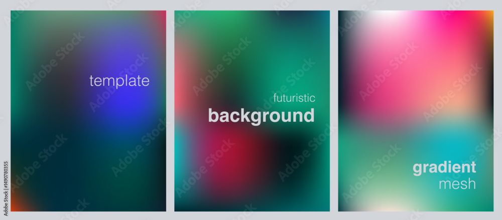 Aufkleber set of three futuristic vector templates featuring vibrant gradient mesh backgrounds in smooth, colo