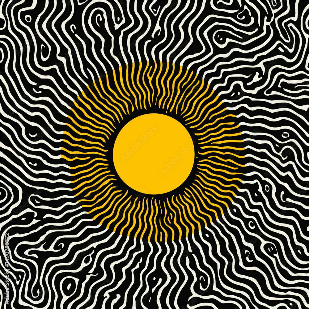 Poster abstract vector illustration featuring a yellow circle at the center, surrounded by wavy black lines