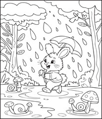 Fototapeta premium Rainy day beautiful scenery cute bunny with umbrella coloring page for kids, line art vector illustration for children's activity book design