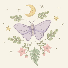 Cute Night Butterfly with Moon, Stars, and Flowers, Whimsical Illustration