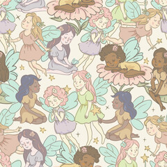 Cartoon Seamless Pattern of a Flying Fairy, Whimsical Vector Character