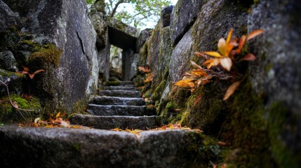 Obraz premium Ancient mountain stone steps leading to a natural rock opening covered with moss and fallen leaves, creating a mysterious and serene forest pathway under soft natural light.