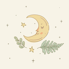 Sleeping Crescent Moon Whimsical Illustration