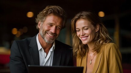 financial planner guides middle aged couple on retirement goals using digital presentations