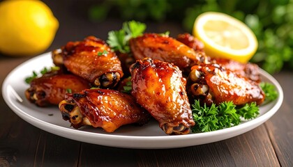 Glazed Chicken Wings with Lemon Garnish.