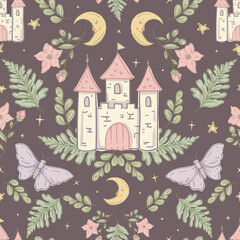 Whimsical Fairy Castle Seamless Pattern with Moon and Stars, Vector Illustration