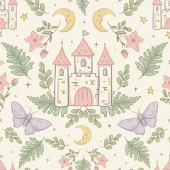 Whimsical Fairy Castle Seamless Pattern with Moon and Stars, Vector Illustration