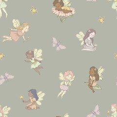 Cartoon Seamless Pattern of a Flying Fairy, Whimsical Vector Character