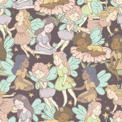 Cartoon Seamless Pattern of a Flying Fairy, Whimsical Vector Character