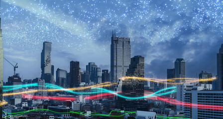 Smart city with speed line glowing light trail surround the city. big data connection technology concept.