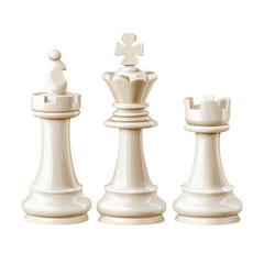 a wax chess set with king, queen, and pawn pieces. Classic ivory wax with glossy surface and subtle melting at the base. Top-down lighting for shadow contrast. Transparent background, high resolution.