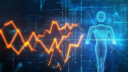 Digital person walking against data visualization