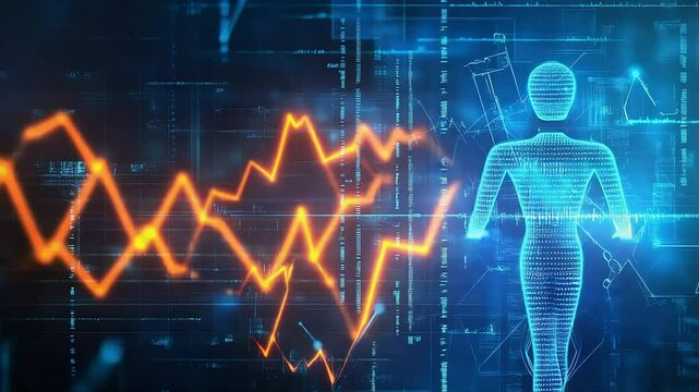 Digital person walking against data visualization