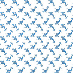 Seamless Pattern of Blue Whales in Artistic Watercolor Style