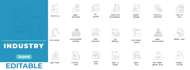 Industry line art icons for business, tech, and clean design use