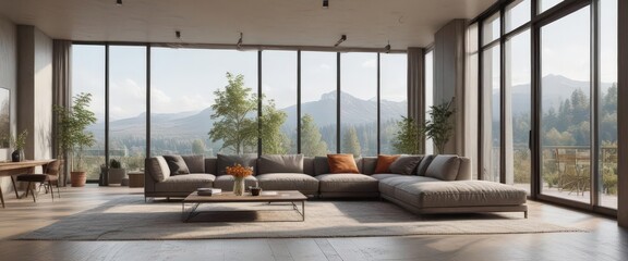 Fototapeta premium Modern living room, large windows, minimalist design, modern, living room