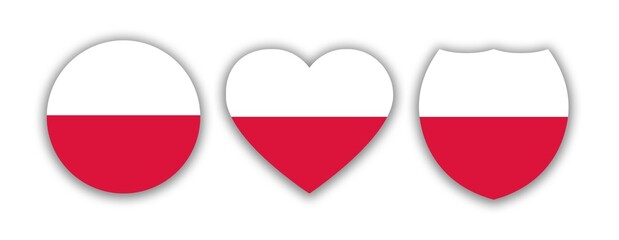 Polish national flag in a shape of circle, heart and shield isolated on white. Illustration