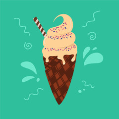 Ice Cream Brown Cone with Splash Water Fresh Illustration Vector