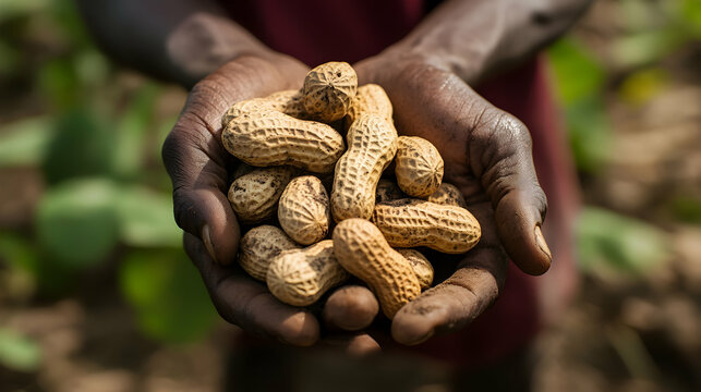 A person holds peanuts in their hands outdoors. Focus on harvest.