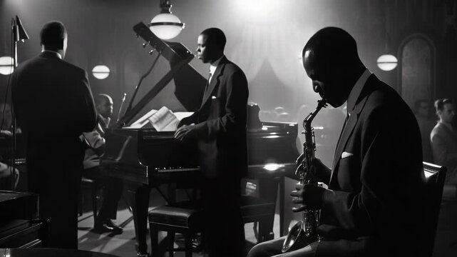 A captivating black and white jazz performance with musicians playing instruments in an atmospheric jazz club.