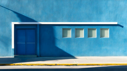 Blue building exterior with door windows and a shadow on a sunny day.