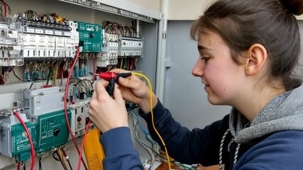 Young learner engages with electrical wiring and circuit repair in a hands-on training session at a local workshop