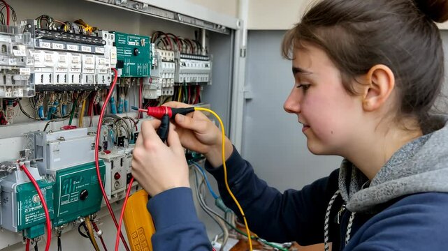 Young learner engages with electrical wiring and circuit repair in a hands-on training session at a local workshop