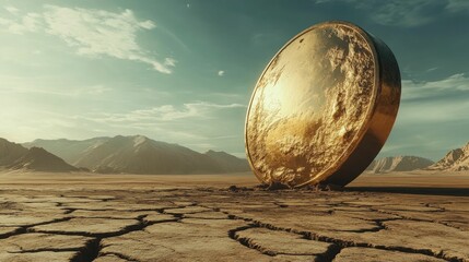 Giant golden disc rests in arid, cracked desert landscape.