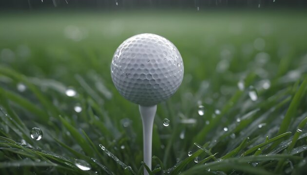 Golf Ball on Tee in Dewy Grass