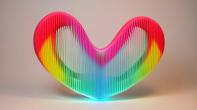 Heart shape made of parallel thin strips with gradient rainbow color in abstract concept, illuminated with light from the base on soft background.