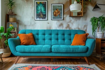 A retro-inspired sofa in bright teal fabric, with wooden legs and wide arms, set in a quirky living room with mid-century modern decor 
