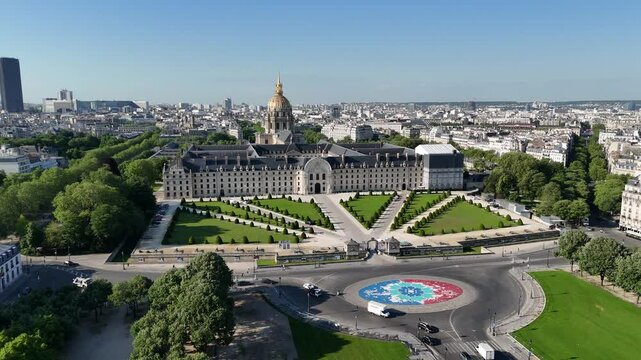 Des Invalides Museum At Paris Ile De France France. Drone Captures A Garden With Sidewalks Surrounded By Lush Trees. Business Sky Background Downtown Cityscape. Backgrounds Panoramic.