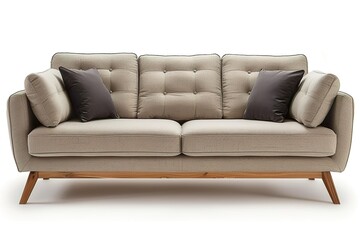 Fototapeta premium A Scandinavian-inspired light gray fabric couch with minimalist design, wooden legs, and soft cushions, placed in a light-filled apartment with simple decor 
