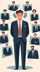 Man in Suit Surrounded by Headshots of Colleagues Wearing Business Attire