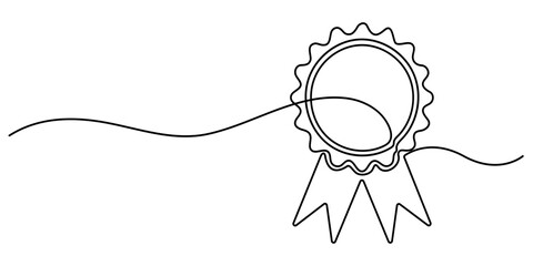 Approved or certified medal continuous one line drawing. Award badge continuous one line drawing. Single line art award badge graphic illustration. Award Ribbon Continuous Line icon. © UzzalChandra