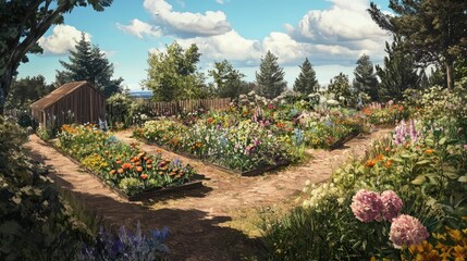 Sunny garden paths, blooming flowers, rustic shed.