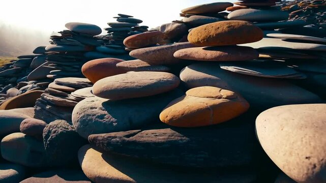 Stacks of smooth flat stones, rock cairns, stacked stones in nature, travel destinations, balanced stone towers landscape.