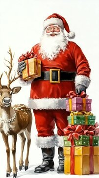 Jolly Santa with reindeer and gifts embodies Christmas spirit