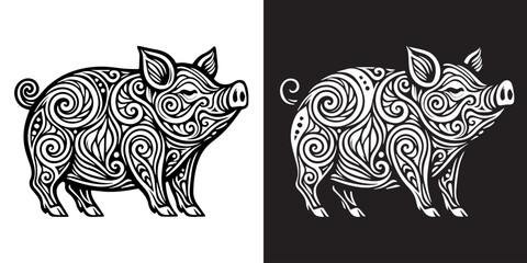 A black and white pig with a swirl pattern on its body. The pig is standing on a white background