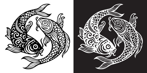 Two black and white fish swimming together in a circle. The fish are positioned in the center of the image, with one fish slightly to the left and the other slightly to the right