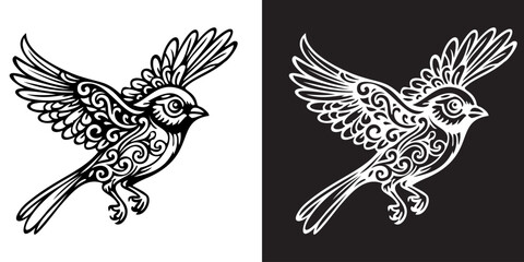 A black and white bird with a white wing. The bird is flying in the air