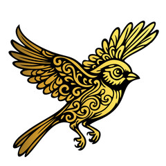 A gold bird with a black beak and a white background. The bird is flying and has a very elegant and graceful appearance