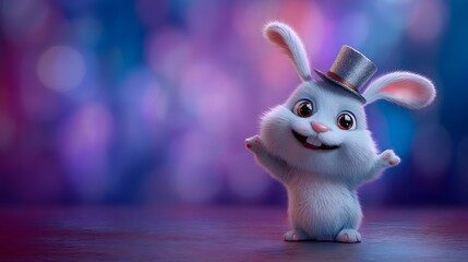 Cute animated rabbit with top hat celebrating against a colorful background
