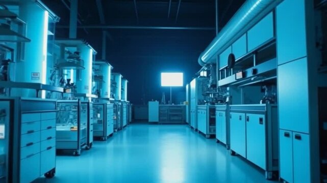 Modern laboratory with advanced technology and bright lighting at night