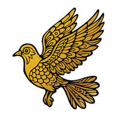 A gold colored bird with a black beak and yellow feathers. The bird is flying in the air