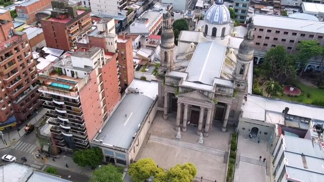 Aerial view of the emblematic building of the Universidad del Norte Santo Tom&aacute;s de Aquino in San Miguel de Tucum&aacute;n. A symbol of education, history, and tourist attraction in the city