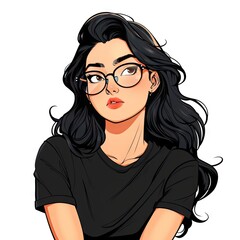 Stylish illustration of a young woman with black hair wearing glasses and a black t-shirt