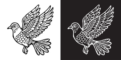 A white and black bird with a black beak. The bird is flying in the air, and its wings are spread out. The black and white color scheme creates a sense of contrast and balance in the image